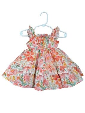 Haute Hippie Floral Ruffle Tiered Dress in Pink and Coral